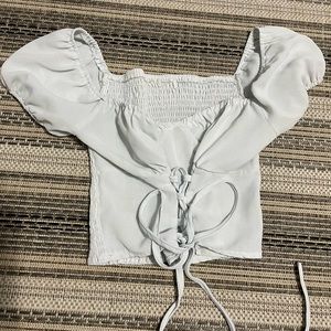 white romantic puff sleeve lace-up top, stretch back